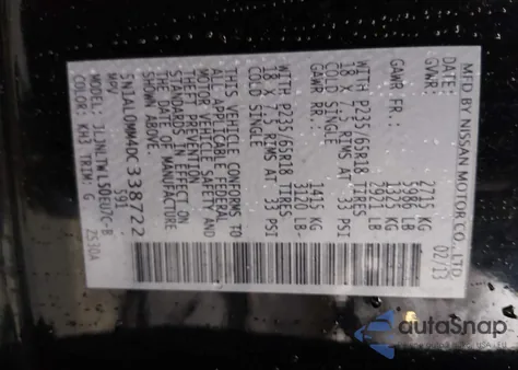 2013 Infiniti Jx35 z USA, uszkodzony, nr VIN 5N1AL0MM4DC338722